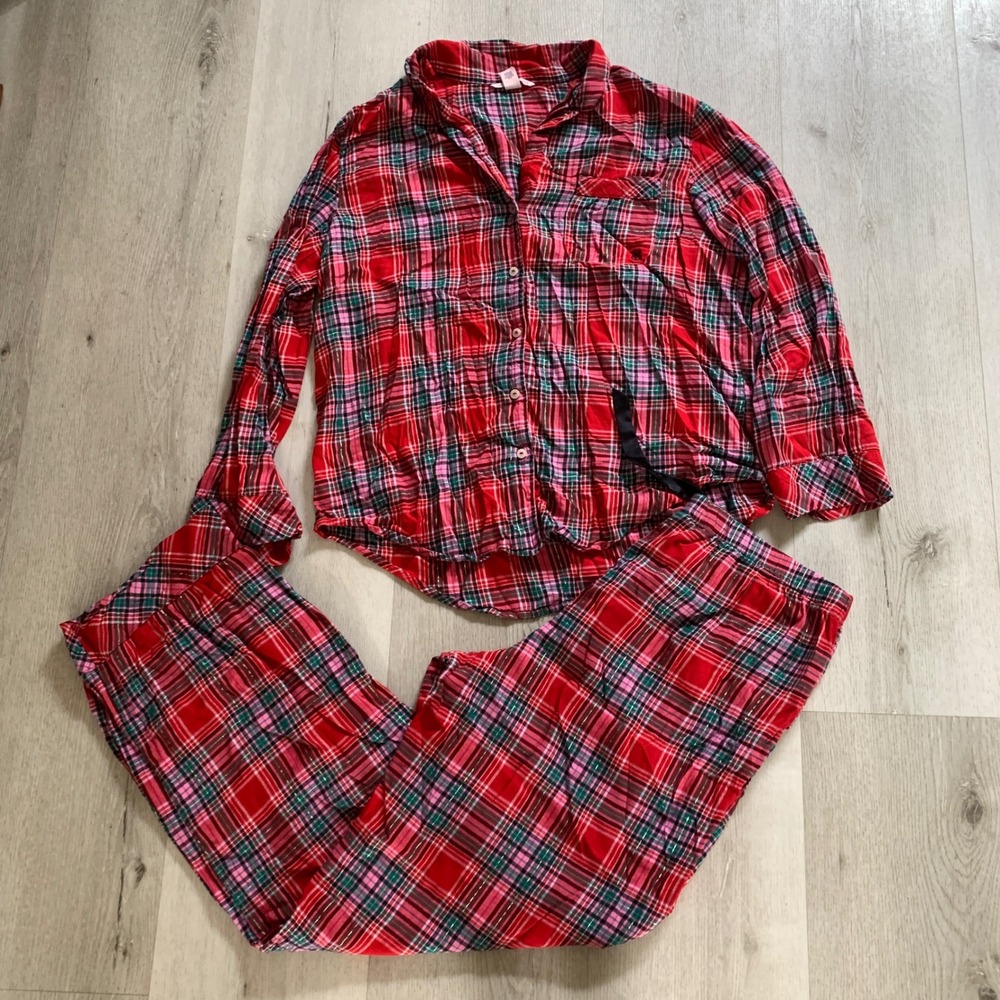 Victorias Secret Red Plaid Pajama Set L Long Metallic Gold Thread Flannel PJ Set